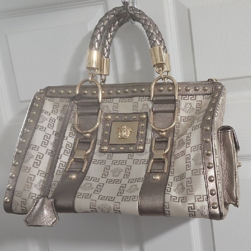 Elegant VERSACE Designer Women's Satchel in Metallic Gold and Brown